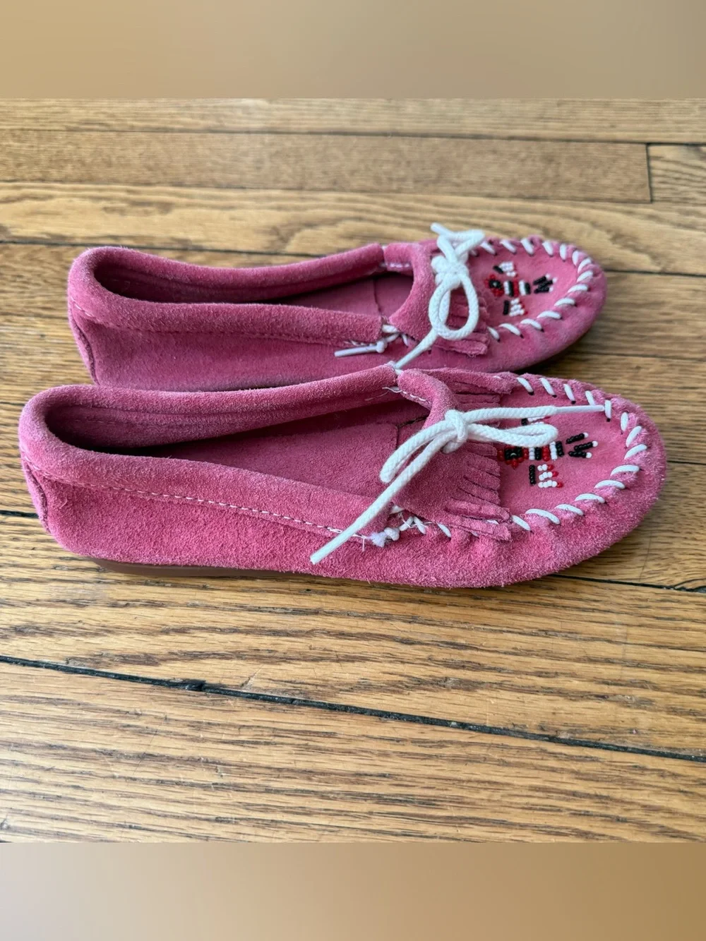 Minnetonka Pink Suede Kids Moccasins - Size 2